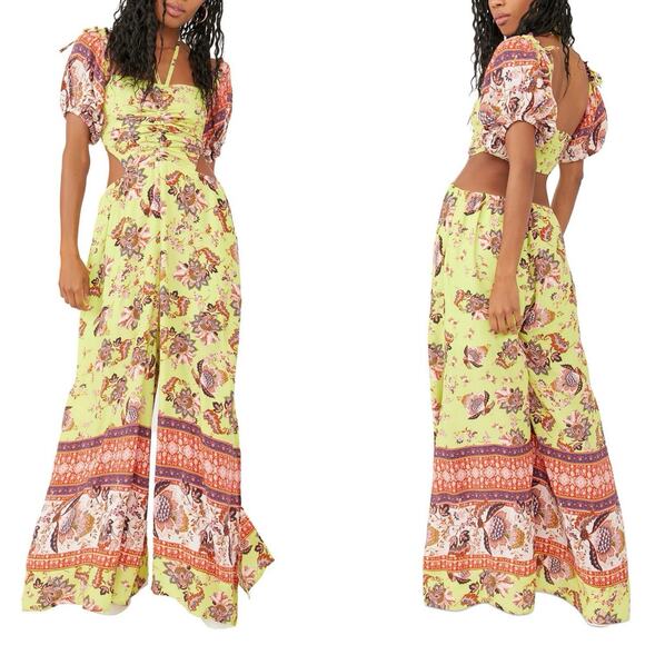 Free People Floral Paisley Cutout Puff Sleeve Wide Leg Jumpsuit XS Boho Resort